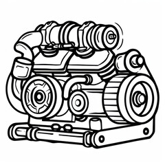 Intricate black and white illustration of an automobile engine, highlighting detailed mechanical components.