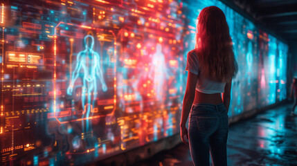 A woman stands in front of a large, holographic display showcasing a virtual workout session with a personal trainer.