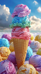 3d rendered ice cream cone with multiple flavors scoops on top, fruit flavor, made with generative AI
