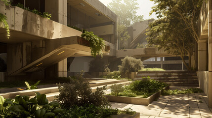Fototapeta premium Futuristic brutalist garden courtyard with lush plants and concrete architecture