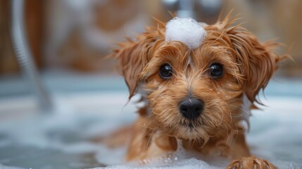 Cute shaggy dog is getting a bubble bath with a lot of soap bubbles in a domestic bathroom setting