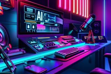 High Tech AI Workspace with Neon Lights, Digital Control Center, Advanced Technology, Cybernetic Innovation