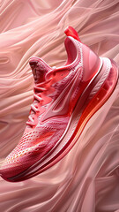 3d rendered pink sneakers on pink wavy background, advertisement illustration, pink favorite, made with generative AI