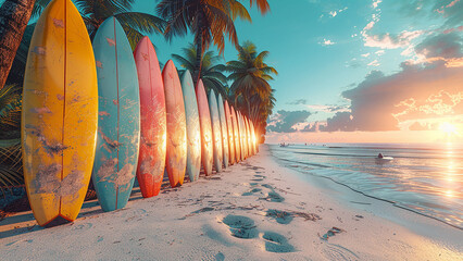 3d rendered colorful surfing boards on beach, white sand, palm trees, 