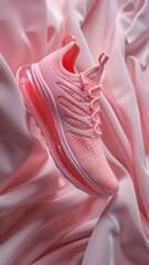 3d rendered pink sneakers on pink wavy background, advertisement illustration, pink favorite, made with generative AI