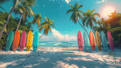 3d rendered colorful surfing boards on beach, white sand, palm trees, 