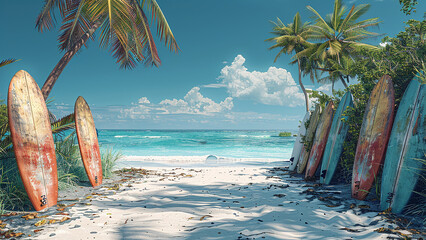 3d rendered colorful surfing boards on beach, white sand, palm trees, 