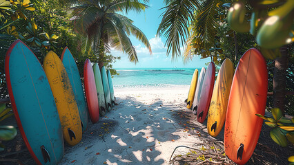 3d rendered colorful surfing boards on beach, white sand, palm trees, 