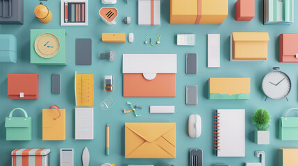 Top view of colorful stationery and office supplies, neatly arranged, including notebooks, pens, clocks, and various desk items.
