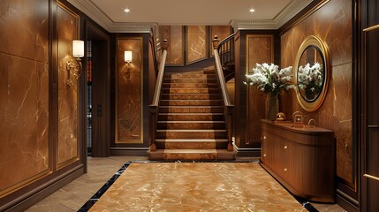 Luxury hallway with woden stairs to bedroom on teh floor