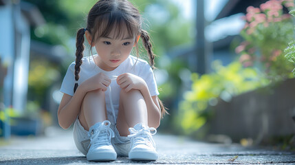 靴紐を結ぶ女の子