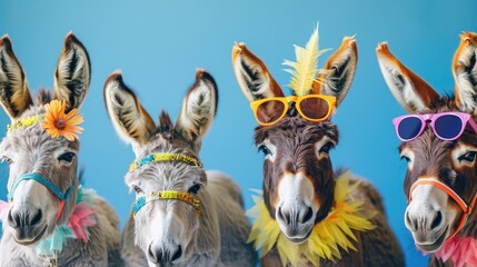 Fun and funky animal party concept with donkeys in costumes. Group of donkeys wearing hats, sunglasses, and other accessories
