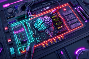 Obraz premium Colorful AI Circuit Board with Digital Processor, Futuristic Technology, Cybernetic Innovation