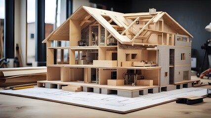 Obraz premium Building project: building a house according to plans. Artificial Intelligence