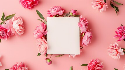 an aesthetic Valentine's Day and Mother's Day mockup template, featuring a wreath made of pink peonies flowers and a blank square paper sheet on a pink background with copy space.