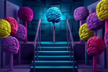 AI Brain with Neon Lights in Futuristic Environment, Digital Neural Network