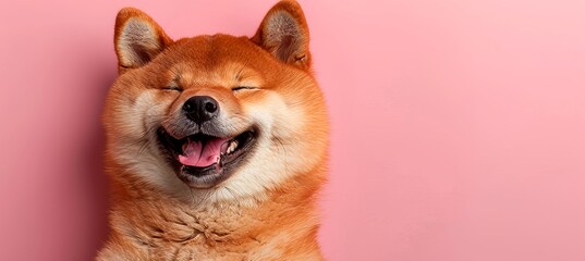 Cheerful shiba inu dog smiling happily on soft colored background with space for text