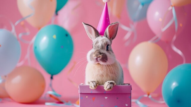 A cute bunny in a party hat sits in a gift box with balloons. Perfect for birthday celebrations and festive occasions.