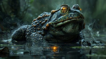 Fototapeta premium A large, detailed, and ominous toad sits in a swamp, its eyes glowing with an eerie light. The toad is surrounded by dense foliage.