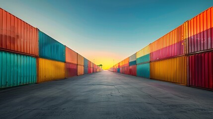 A long row of colorful shipping containers under a bright blue sky.  The containers are stacked high on either side of a concrete road, leading to a distant sunset.