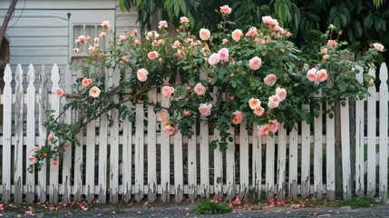 View of rose bush grow over picket fence next to house
