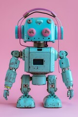 Naklejka premium Adorable robot with headphones on pastel backdrop for text, cute music theme poster design