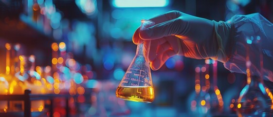 Closeup of a scientist's hand holding a flask in a laboratory setting.