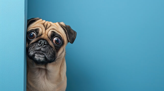 Pug dog peeks out from behind a corner on a blue background. Pet. Animals.
