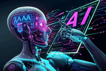 Fototapeta premium AI Robot Head with Digital Interface, Advanced Technology, Cybernetic Innovation
