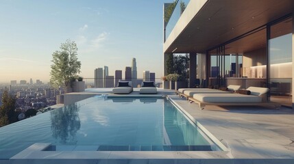 Impressive Luxury penthouse apartment terrace with pool overlooking los Angeles skyline, generative...