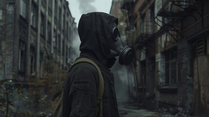 A mysterious person stands in the middle of the street back to the camera and face hidden behind a gas mask. The deserted . .