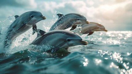 Several dolphins are seen riding the waves in unison, with splashes of water around them showcasing their agility