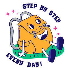 Vector illustration style of the groove 70-80s. Camping Hand Drawn Backpack,Hiking, Sign