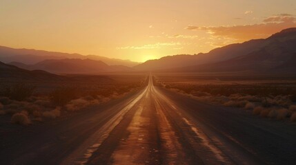 Fototapeta premium As the sun sets behind the distant mountains the desert landscape glows with warm hues of orange and pink. The road stretches ahead . AI generation.