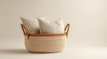 Fototapeta premium Generate a professional 3D rendering of a storage basket with pillows inside it