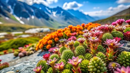 Fototapeta premium The hardy, alpine plants of an alpine garden, depicted in a close-up shot 