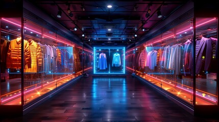 A futuristic retail space featuring a holographic fitting room designed for virtual clothing try-ons, illuminated by neon lights.
