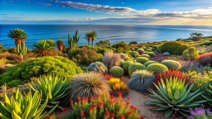 The salt-tolerant, wind-resistant plants of a coastal garden, depicted in a panoramic shot 