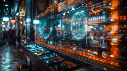 A large holographic display showcases futuristic technology in an electronics store, creating a captivating and interactive experience.