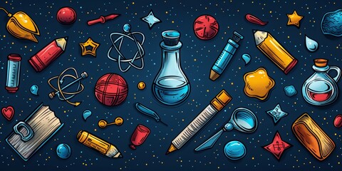 education doodle symbols. Learning, knowlege, skill concept. Seamless background with math, physics, chemistry, icons. School and university pattern