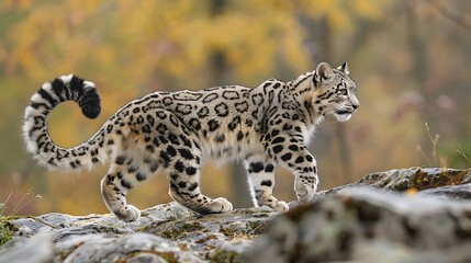 Obraz premium Snow leopard kitten with extended large tail walking on rocky surface in the forest