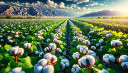 Cotton field with blooming cotton plants under blue sky and clouds.
