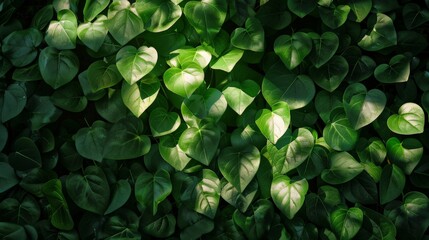 Shadows playing across a bed of thick green leaves, adding depth and mystery to the texture