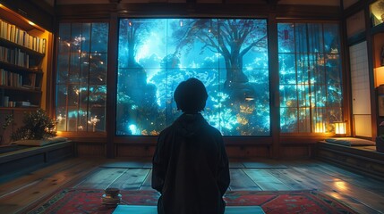 A silhouette of a student sits in a traditional Japanese home, gazing intently at a holographic literature class projected on the wall.