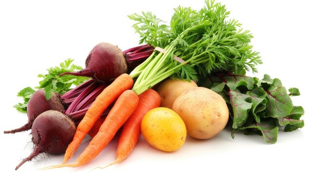 Root vegetables like beetroot carrots and potatoes against a white backdrop