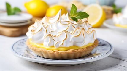 Lemon tart with meringue and fresh lemons on wooden table