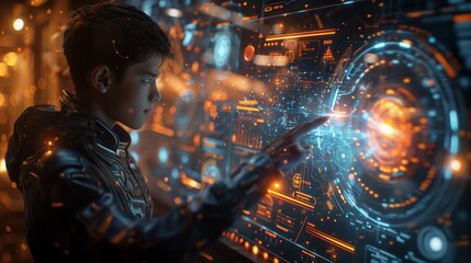 A young boy in a futuristic setting interacts with a holographic interface, his finger tracing a glowing trail across the digital display.