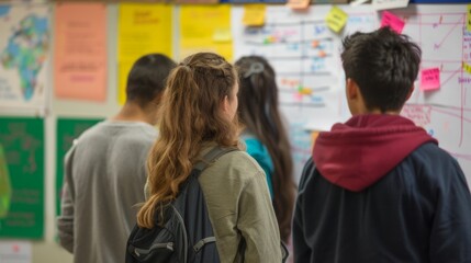 Obraz premium A group of high school students work collaboratively on a group project backs turned to the camera as they brainstorm ideas . .