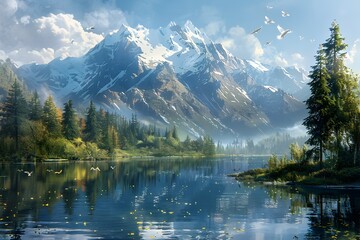 Fototapeta premium Serene Mountain Lake Mirroring Majestic Peaks and Evergreen Forests in Dramatic Lighting
