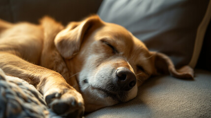 Sleeping Dog on Cozy Sofa in Warm Lighting

